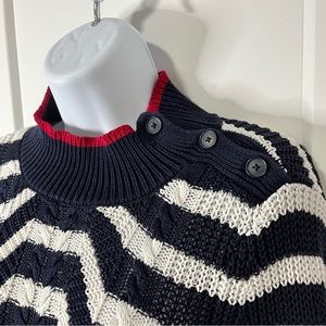 LOFT // Red, White & Navy Blue Knit Cotton Sweater Button Detail Stripe